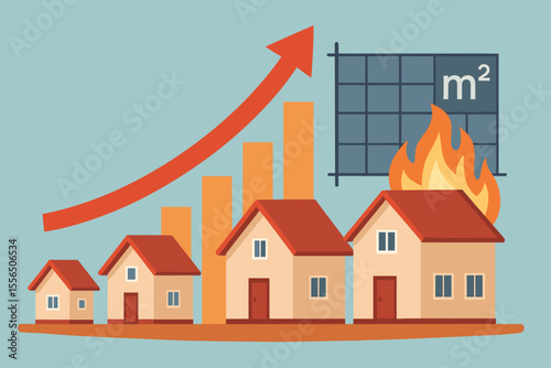 Real estate market on fire concept. Increasing value of houses and rising property prices. Home investment growth with chart and arrow. Housing boom metaphor. Vector illustration.