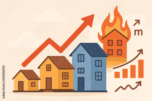 Real estate market on fire, a metaphor for hot housing prices and skyrocketing property value. Home investment growth chart with arrow up. Housing bubble crisis and inflation risk concept.