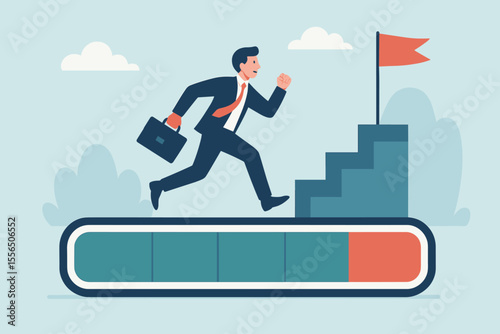 Ambitious businessman running up bar graph steps toward mountain peak with red flag. Career success, achievement, progress, goal setting, business growth, motivation, improvement, challenge concept