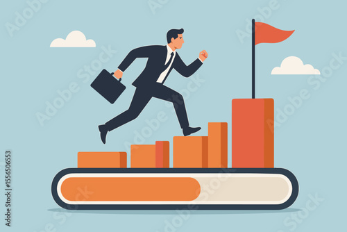 Ambitious businessman running up bar graph steps toward success flag. Career growth, achievement, business progress, goal accomplishment, improvement, leadership, motivation concept vector