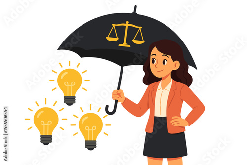 Intellectual Property Protection Concept. Businesswoman Shielding Creative Ideas Lightbulbs Under Legal Umbrella with Justice Scales. Copyright Law, Innovation Security, Vector Illustration