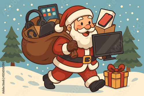 Santa Claus delivering electronics gifts cartoon. Christmas holiday sale concept with Santa carrying bag of gadgets, headphones, tablet, smartphone, monitor, present box in snowy winter forest scene