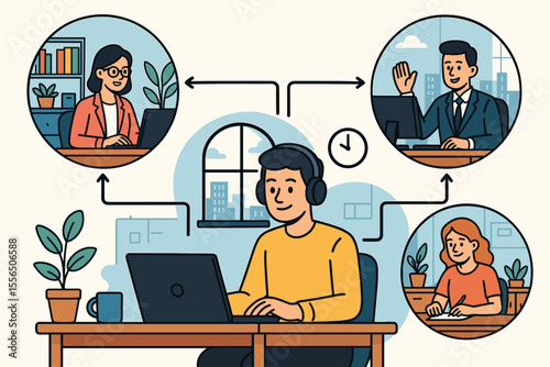 Remote Team Collaboration Vector Illustration. Virtual Office Communication, Online Meeting, Telecommuting, Coworkers Networking, Digital Workspace, Home Office, Business Conference Call Concept