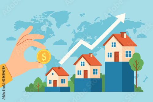 Real estate investment concept with growing property value. Housing market growth chart with houses and an upward arrow. Hand with coin investing. Global economy, finance, mortgage.