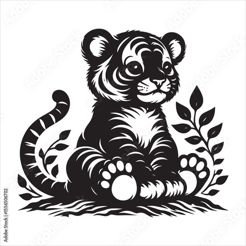 siting  cute tiger Silhouette Vector Art, and Graphic, vector black color silhouette , solated white background 