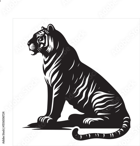 siting  cute tiger Silhouette Vector Art, and Graphic, vector black color silhouette , solated white background 