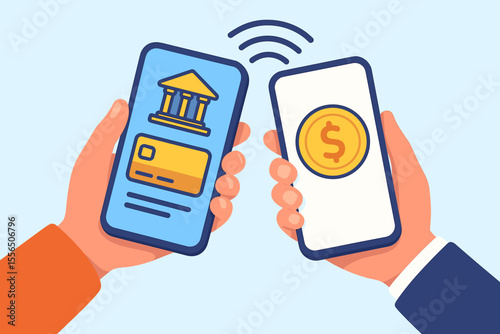 Mobile payment transfer concept. Digital banking app on smartphone. Wireless money transaction, contactless payment, online banking, peer to peer finance, electronic wallet. Vector illustration
