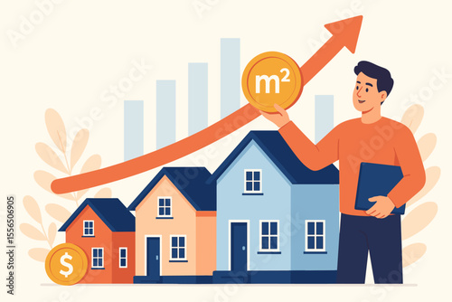 Real estate market growth concept with houses, rising property value, increasing square meter prices, investment, home buying, financial graph, realty business, housing sales, real estate trends