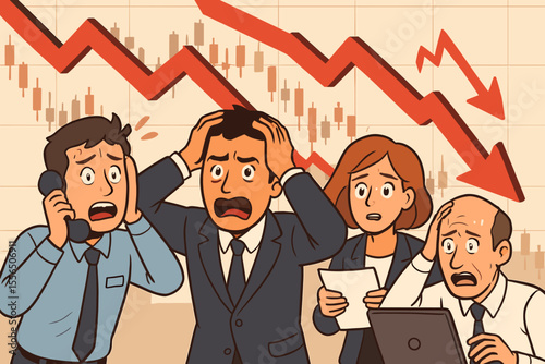 Stock Market Crash Panic, Financial Crisis and Investment Risk Concept, Stressed Traders React to Market Volatility, Downward Trend Graph, Business Stress Vector Illustration