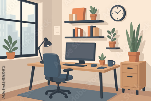 Office workplace with empty chair, concept of job vacancy and recruitment. Modern workspace with computer for remote work or business. Home office interior vector illustration.