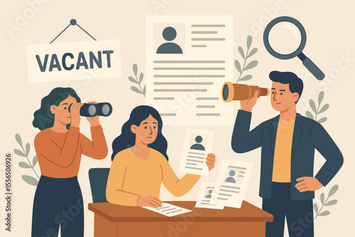 We are hiring concept. HR team searching for new employees for a vacant position. Recruiters use binoculars and a spyglass to find candidates, reviewing resumes and CVs.