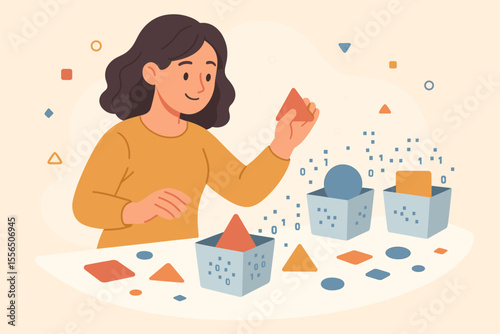 Woman sorting geometric shapes, data organization, digital information processing, categorization, artificial intelligence, machine learning, vector illustration, technology concept, education