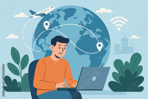 Remote Work Anywhere in the World, Global Business Connectivity, Freelancer Online, International Company, Digital Nomad, Work from Laptop, Travel, Modern Flat Vector Illustration