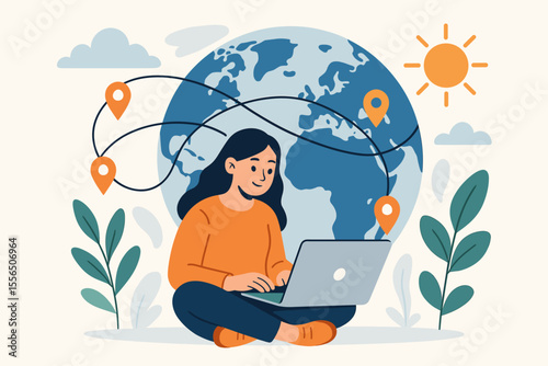 Remote work anywhere in the world, digital nomad with laptop, global business, international company, freelance career, travel lifestyle, worldwide connection, modern flat vector illustration