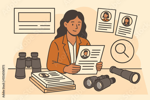Human resources manager woman reviewing resume and CV of job applicants. Recruitment, hiring process, and employment concept. Headhunting and talent acquisition metaphor. Search candidate.