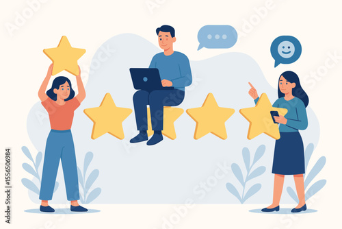 Customer feedback rating concept. Five star review, best performance score, people leaving comments, online survey, satisfaction evaluation, successful teamwork, modern flat vector illustration