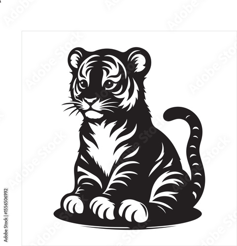 siting  cute tiger Silhouette Vector Art, and Graphic, vector black color silhouette , solated white background 