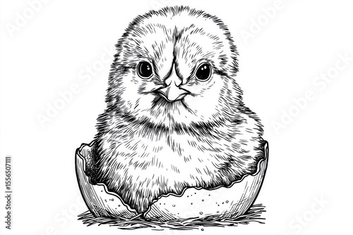 Whimsical Black and White Sketch Illustration of a Cute Newborn Chick Hatched from Egg for Playful Nursery Art and Easter Decor with Vintage Style Charm.