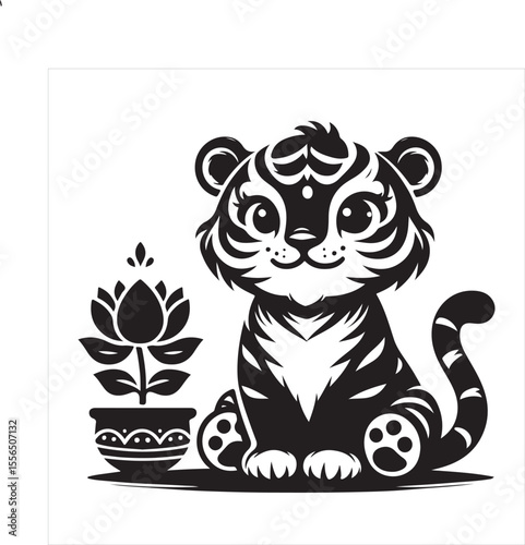 siting  cute tiger Silhouette Vector Art, and Graphic, vector black color silhouette , solated white background 
