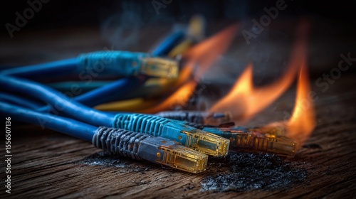 Burning Network Cables: Damaged and destroyed internet connections symbolize technical issues and potential cyber threats.