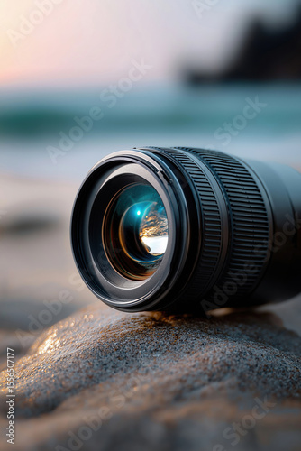 Close up of a camera lens resting on wet sand near the ocean at sunset