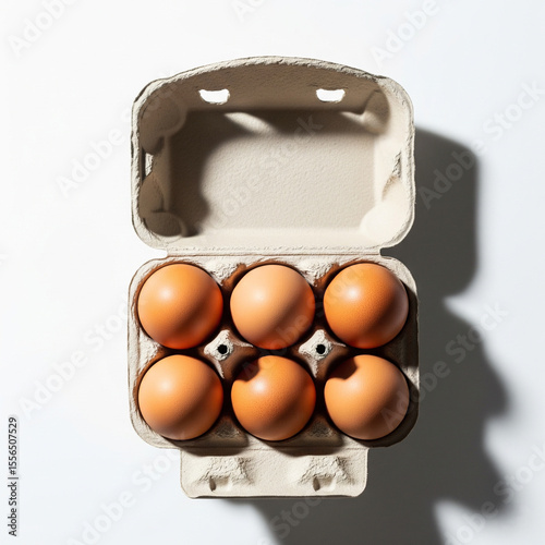 Six Brown Eggs in Open Carton Top View Isolated on White