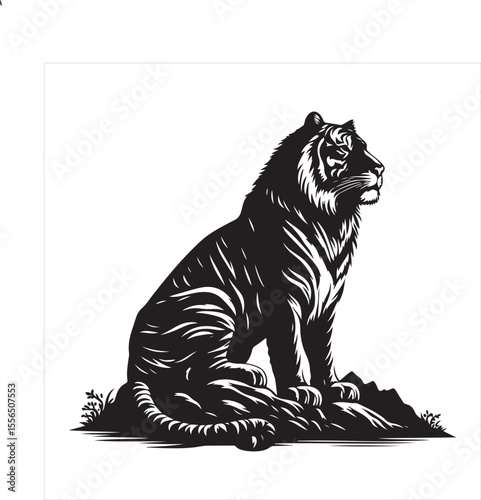 siting  cute tiger Silhouette Vector Art, and Graphic, vector black color silhouette , solated white background 