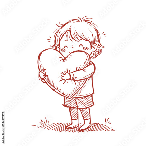 Happy child holding heart-shaped pillow while standing on grass  