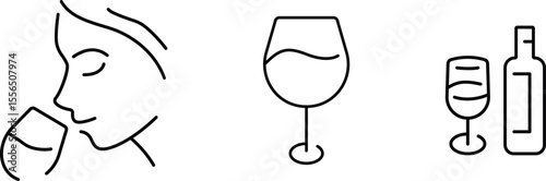 Tasting wine, wine glass, serving wine bottle, customizable stroke, vector, illustration