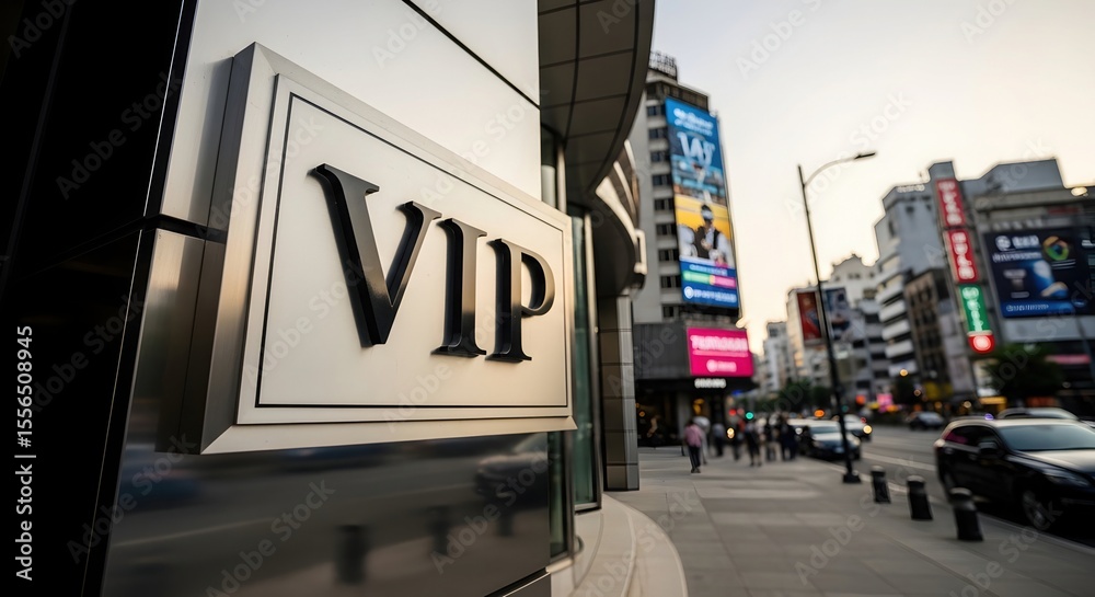 Obraz premium VIP sign on a modern building facade by a busy city street with blurry urban background. Luxury membership concept.