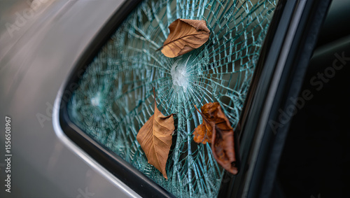 A car window is shattered, displaying intricate cracks while dried leaves rest on the glass. The setting captures an urban street scene during daylight, suggesting neglect or vandalism