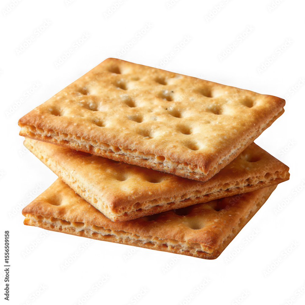 A stack of three square crackers with small holes on a white background close up A stack of three square crackers with small holes on a white background close up