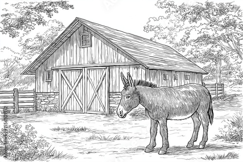 Rustic Farm Charm: Hand-Drawn Donkey Illustration in Serene Countryside with Classic Barn Design