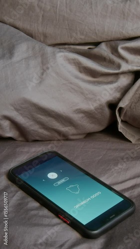 Vertical shot of smartphone with alarm clock on screen in morning and young woman switching it off while lying in bed in morning