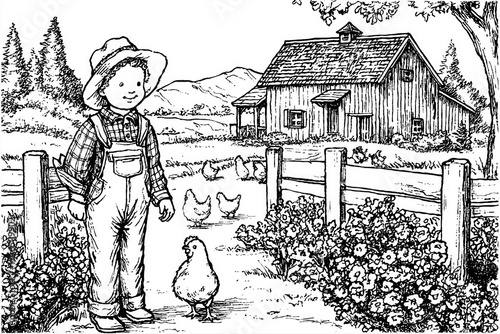 Pastoral Childhood in Hand-Drawn Farm Illustrations: Exploring Farm Animals and Rural Scenery with Whimsical Charm.