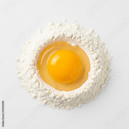 Top View of Egg Yolk in Flour Nest with Rustic Texture on White