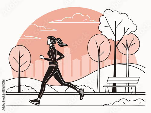 Flat Design Illustration of Woman Running Through City Park at Early Morning Sunrise