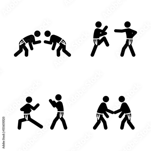 Set of stick figures, karate martial art, black silhouettes on white background, flat vector illustration.