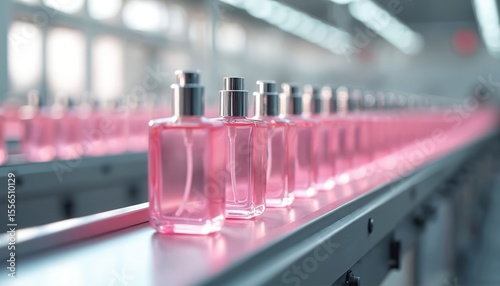 Pink perfume bottles move along modern factory conveyor belt. Glass bottle production line at cosmetic manufacturing plant. Automated assembly process.