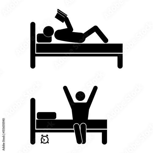 Set of stick figures, sleep and preparation for sleep, flat vector illustration.