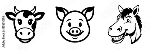 Farm in black and white: stylized vector black and white images of cows, pigs and horses.