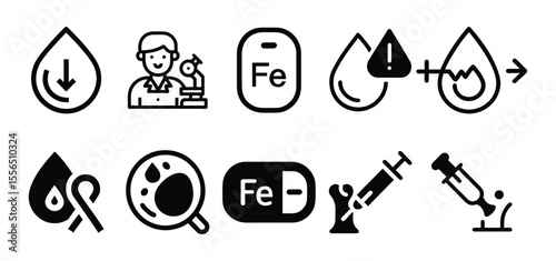 Blood Health & Iron Deficiency Icon Set – Anemia, Microscopy, Syringe, Supplement, Diagnosis & Low Hemoglobin, FE Symbols, blood, drop, deficiency, test, lab, microscope, anemia