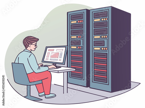 Male IT Technician Managing Server Racks in Data Center with Code Displayed on Monitors