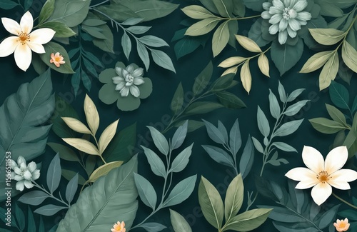 Wallpaper Mural Minimalistic nature inspired botanical pattern. Green leaves white flowers over dark background. Seamless floral design for wallpapers, textile, decor, branding, eco product, surface pattern, fashion. Torontodigital.ca