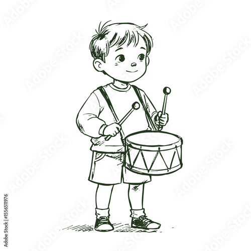 Young boy playing drum with a smile in a playful doodle style  