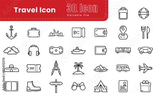 Travel Line Icons set. Editable Stroke. This Icon set consists of Sunset, Tourism, Swimming Pool, Surfing, Spa, Hotel,  Vacation, Airplane Ticket