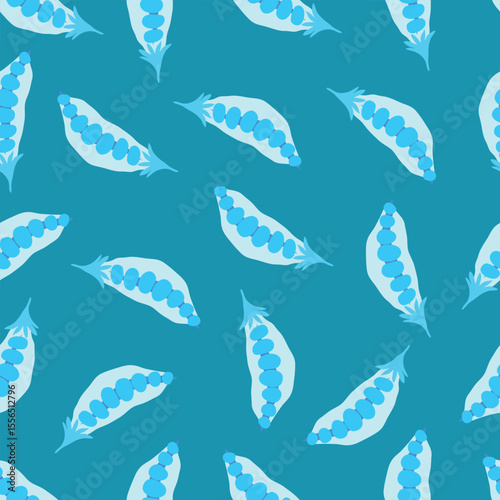 blue peas pods placed on dark blue background seamless pattern. Blue pea pods scattered around blue background seamless pattern. It is good for fabric, textile, decoration, wrapping and more.