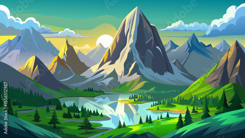 Towering limestone peaks glow silver in the morning mist. Below, green meadows and calm alpine lakes contrast the rugged majesty with soft natural charm.