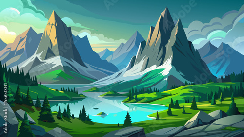 Towering limestone peaks glow silver in the morning mist. Below, green meadows and calm alpine lakes contrast the rugged majesty with soft natural charm.