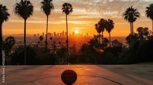 A basketball on the streets of Los Angeles against the backdrop of sunset, palm trees, and a city skyline. The basketball lies on the concrete floor.